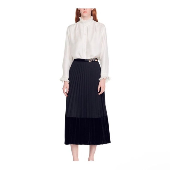 Sandro Black velvet Pleated Midi Skirt - Picture 1 of 3